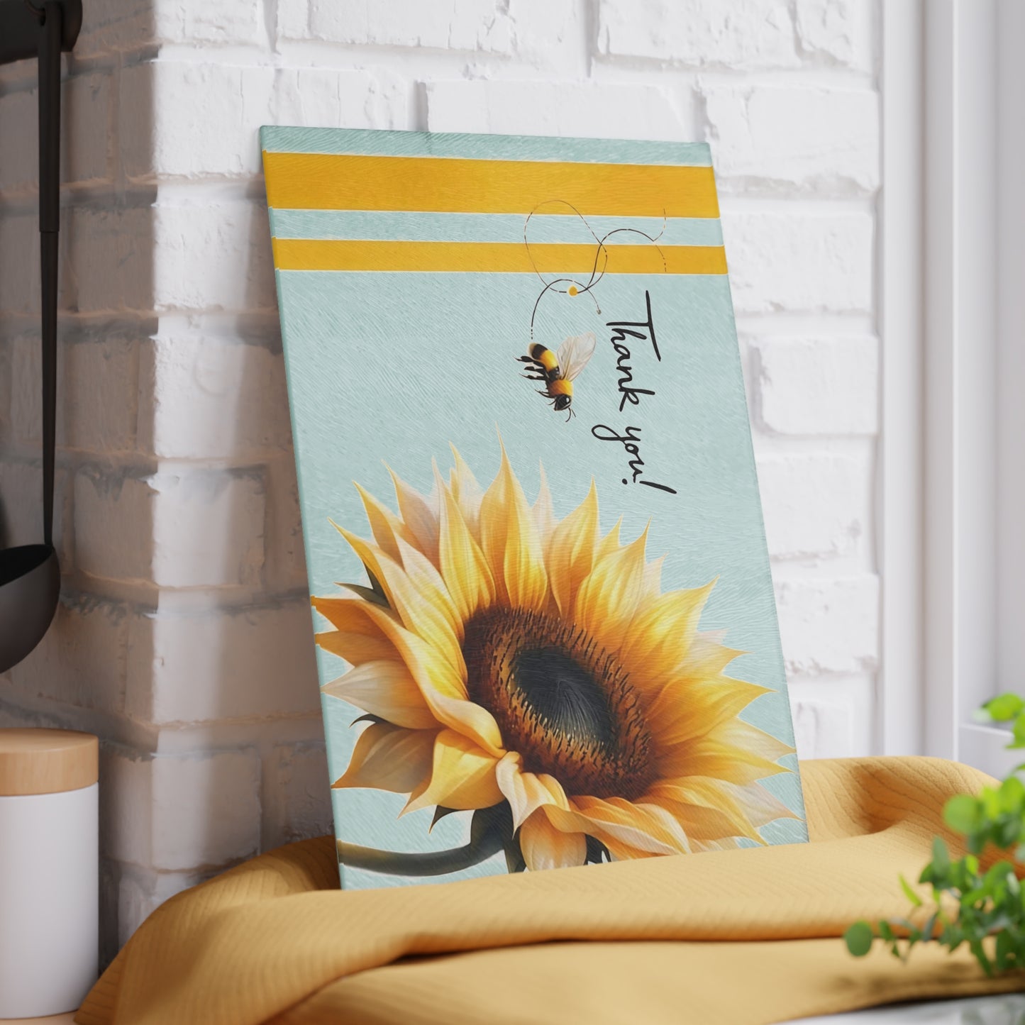 ¡Gracias! Tabla de cortar de vidrio con diseño de girasol y abeja: decoración floral brillante para la cocina