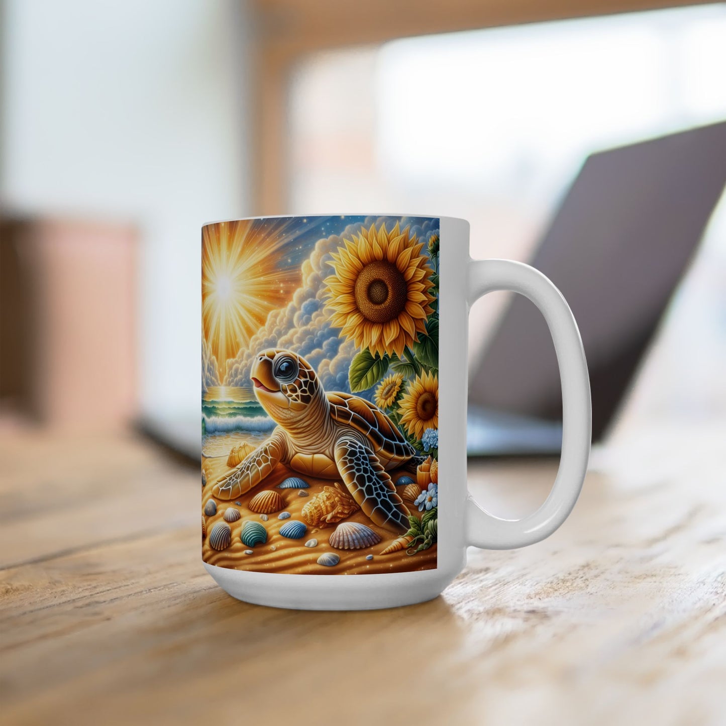🌻🐢 Personalized Sunflower & Sea Turtle Mug – Coastal Sunshine Coffee Cup 🌊☕
