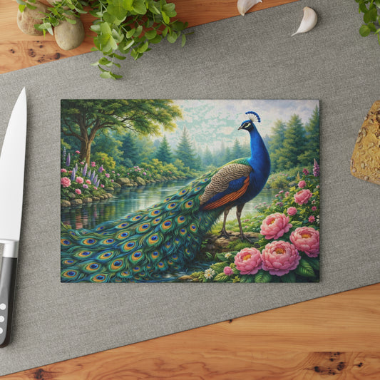 Teal Peacock Garden Glass Cutting Board – Elegant Floral Nature Art Kitchen Display
