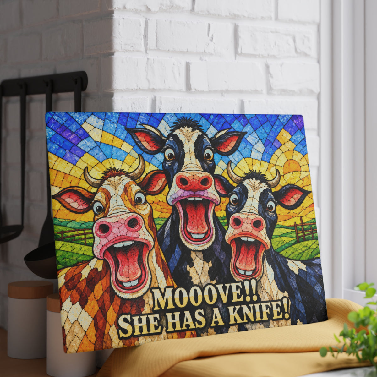 Mooove! She Has a Knife! Funny Cow Stained-Glass-Inspired Glass Cutting Board
