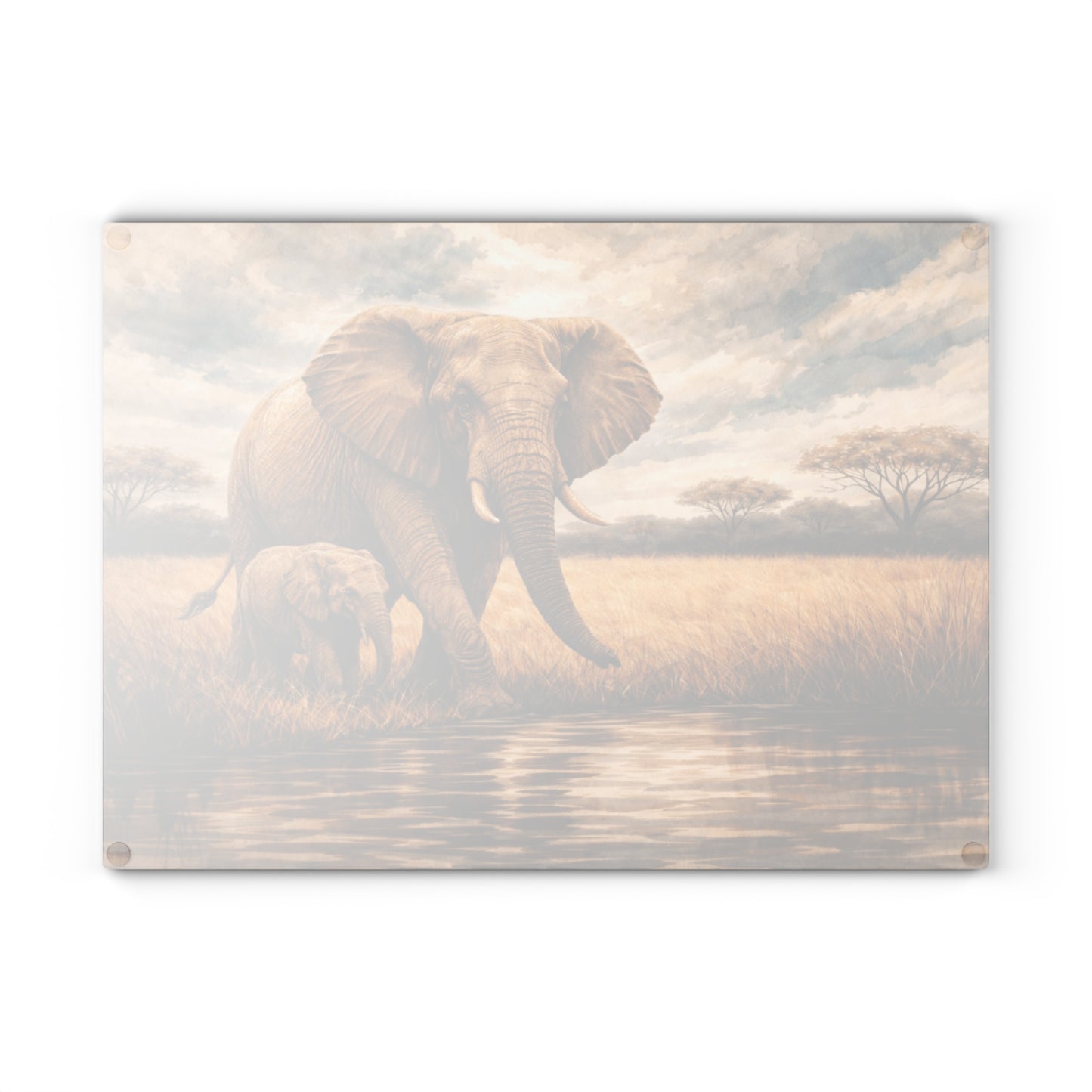 Safari Elephant and Calf Glass Cutting Board – African Wildlife Savanna Artwork