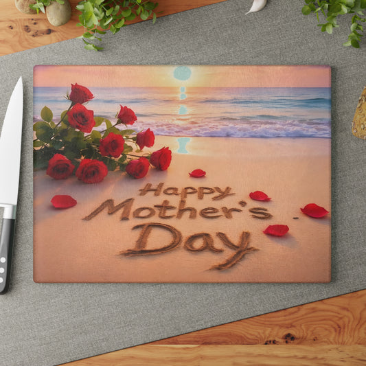 Mother’s Day Beach Scene Glass Cutting Board – Coastal Elegance with Heartfelt Charm