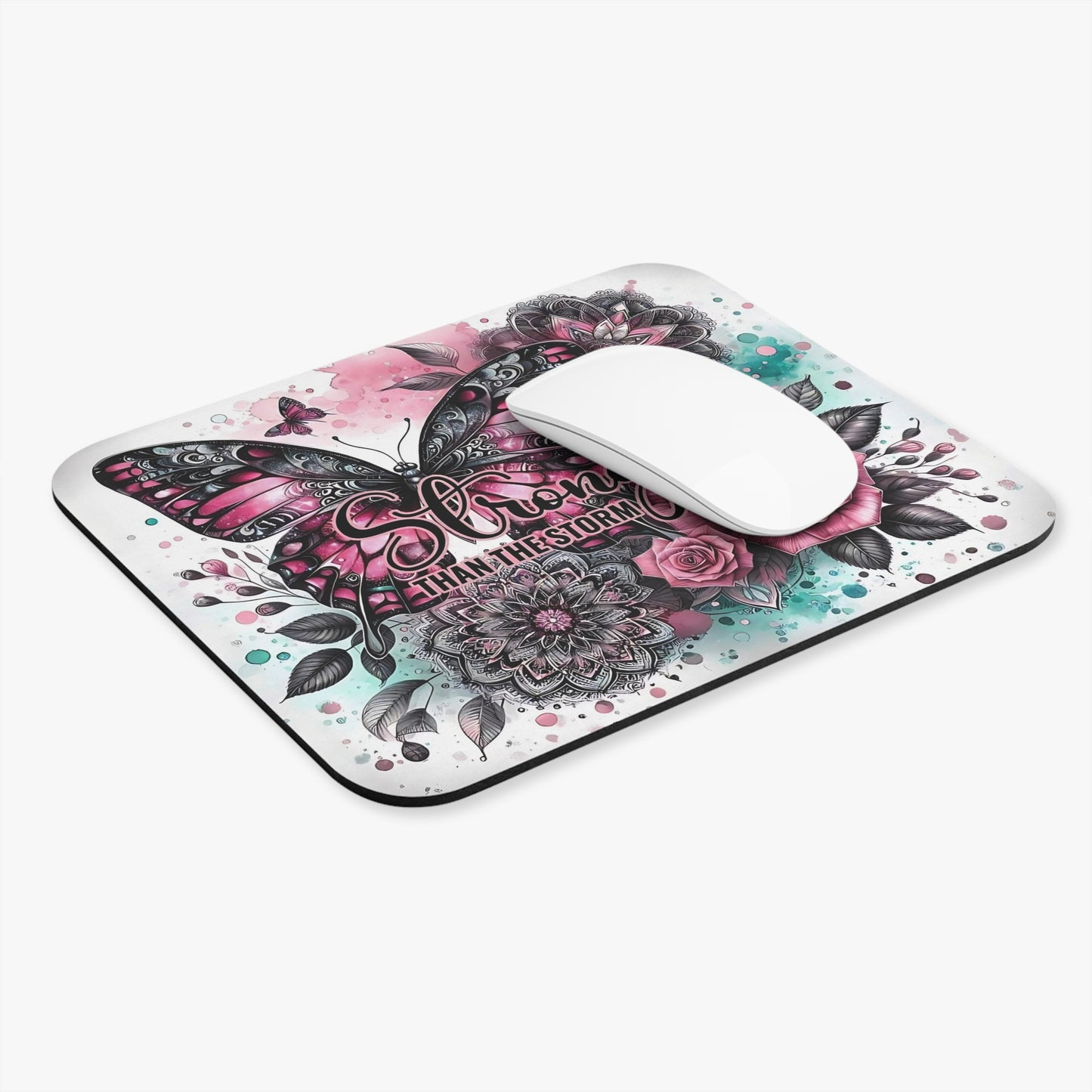 🖱️🦋 Stronger Than The Storm Butterfly Mouse Pad – Inspirational Floral Desk Art
