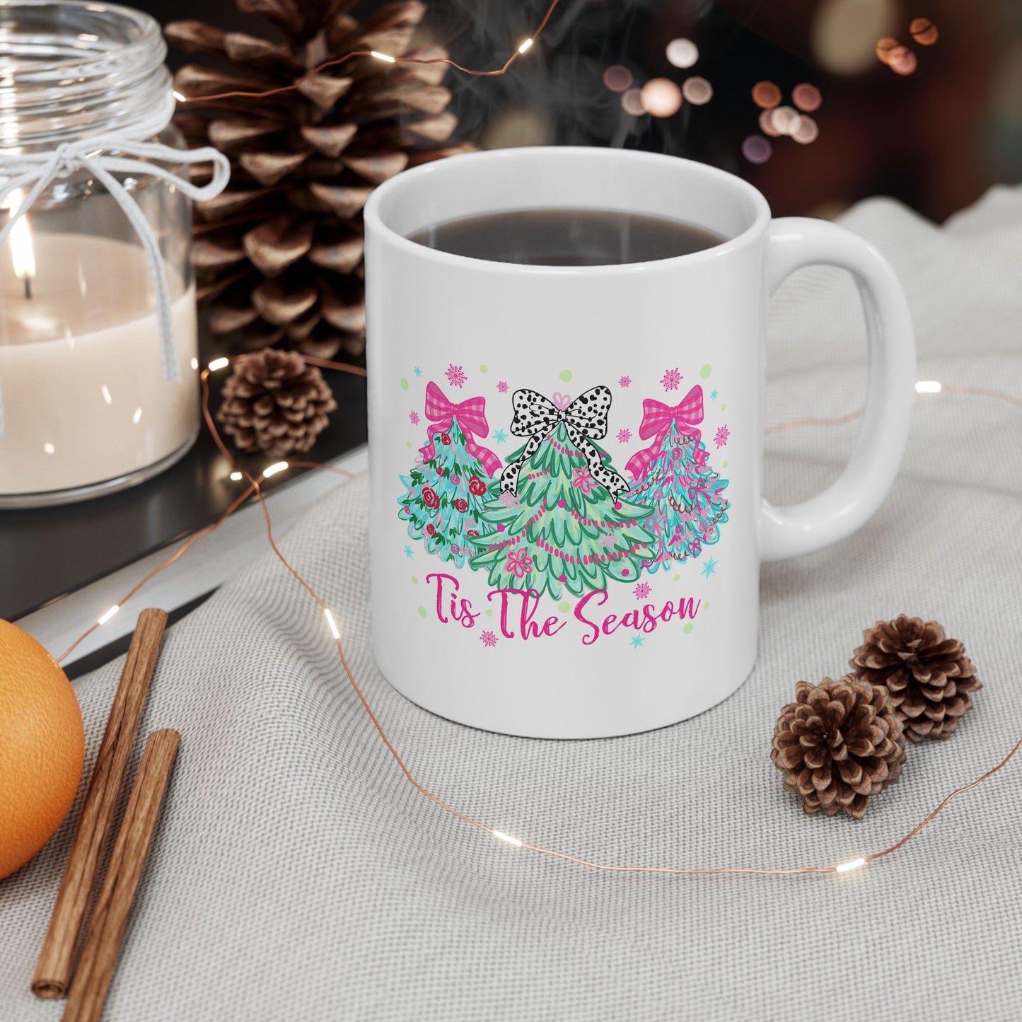 🎀🌲 ‘Tis the Season Mug – Pink Bows, Leopard Accents & Christmas Cheer 💖☕
