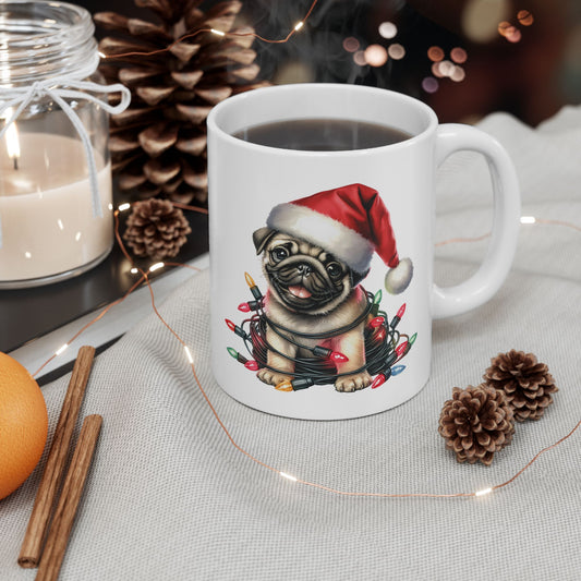 🎄 Pug Christmas Mug – Festive Santa Hat & Tangled Lights Delight 🎁