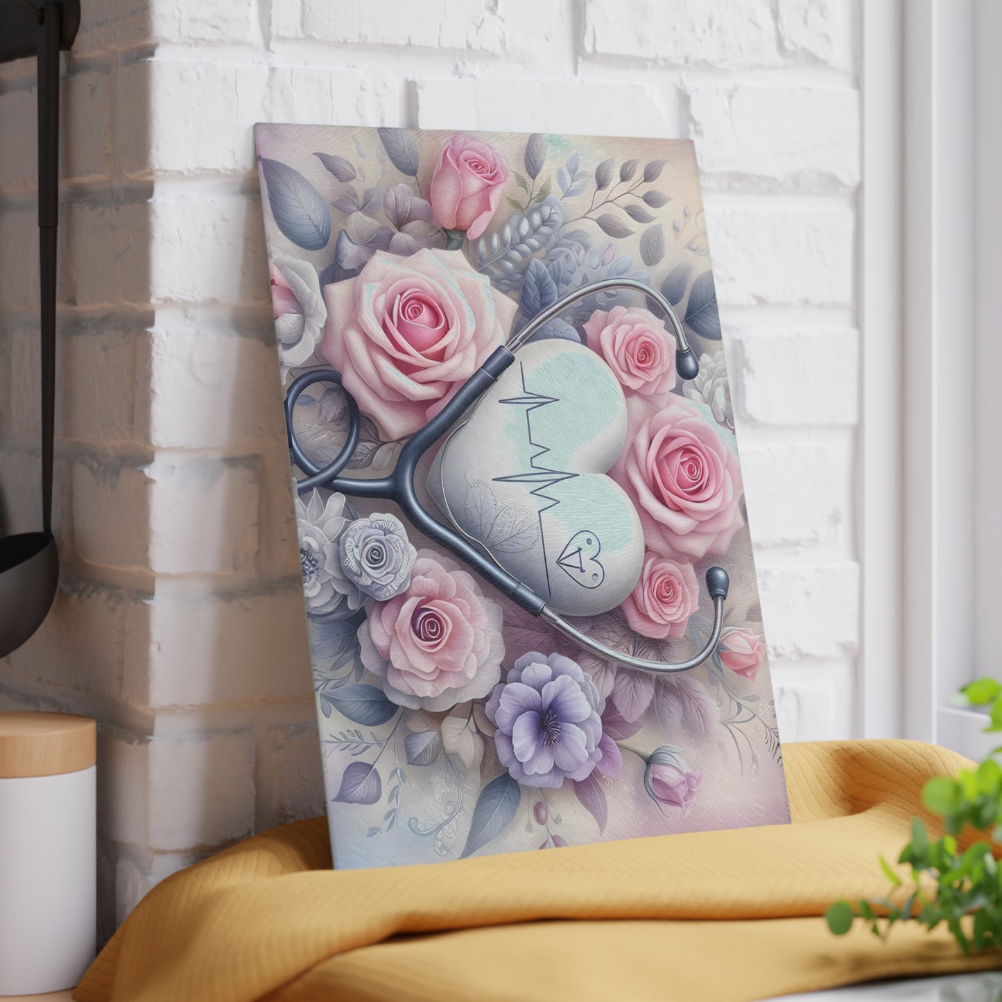 🩺 Nurse Heartbeat Floral Cutting Board – Elegant Medical-Inspired Kitchen Décor 🌸