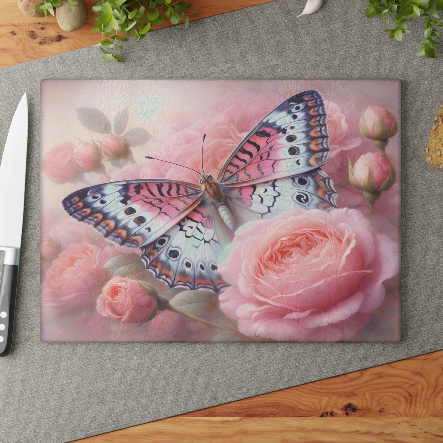 Pink Butterfly & Rose Garden Glass Cutting Board – Elegant Floral Nature Kitchen Décor