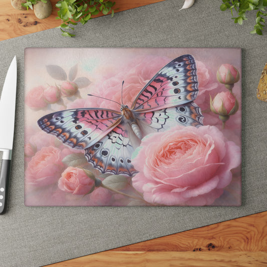 Pink Butterfly & Rose Garden Glass Cutting Board – Elegant Floral Nature Kitchen Décor