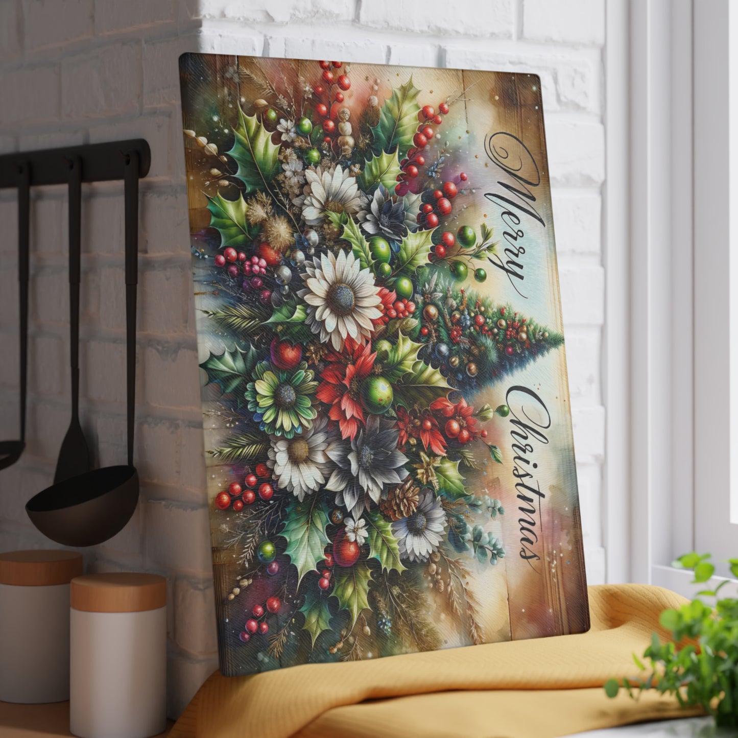 🎄✨ “Merry Christmas Bouquet” Glass Cutting Board – Festive Holiday Centerpiece for Your Kitchen