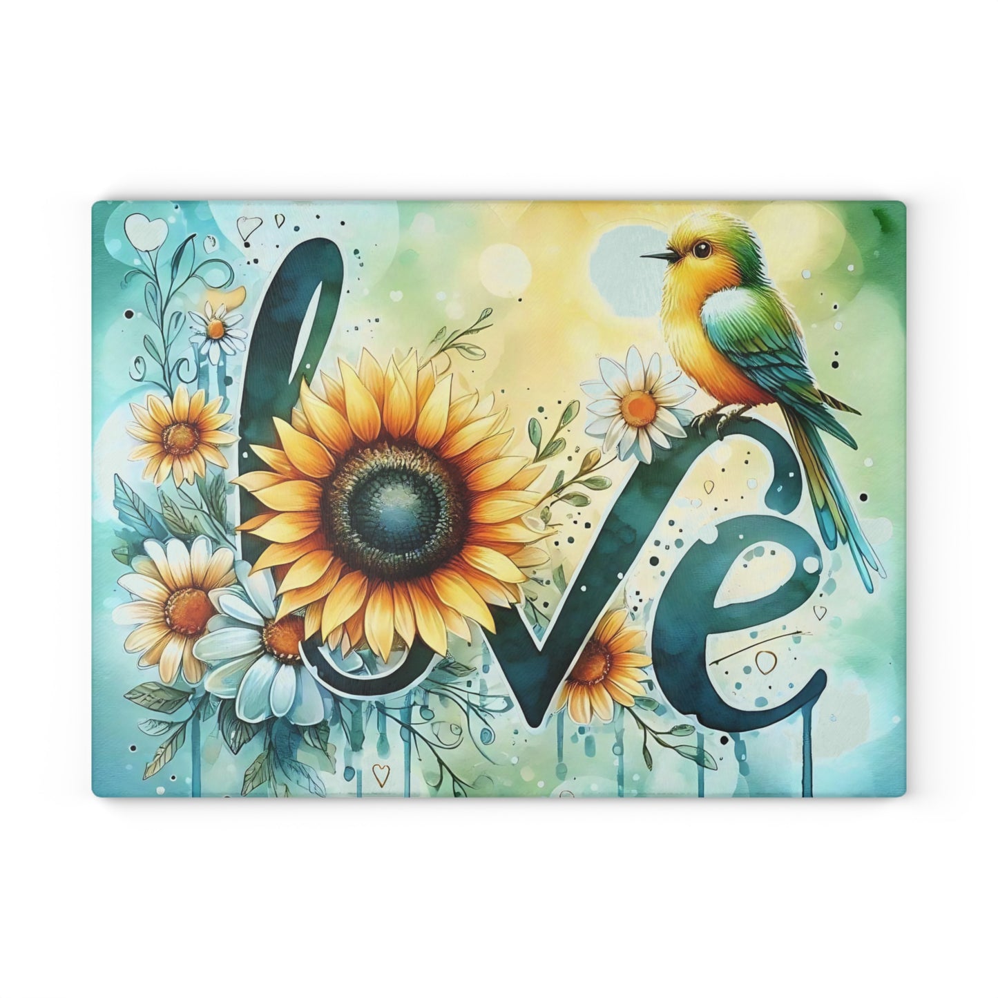 Tabla de cortar Love con diseño de pájaro y girasol