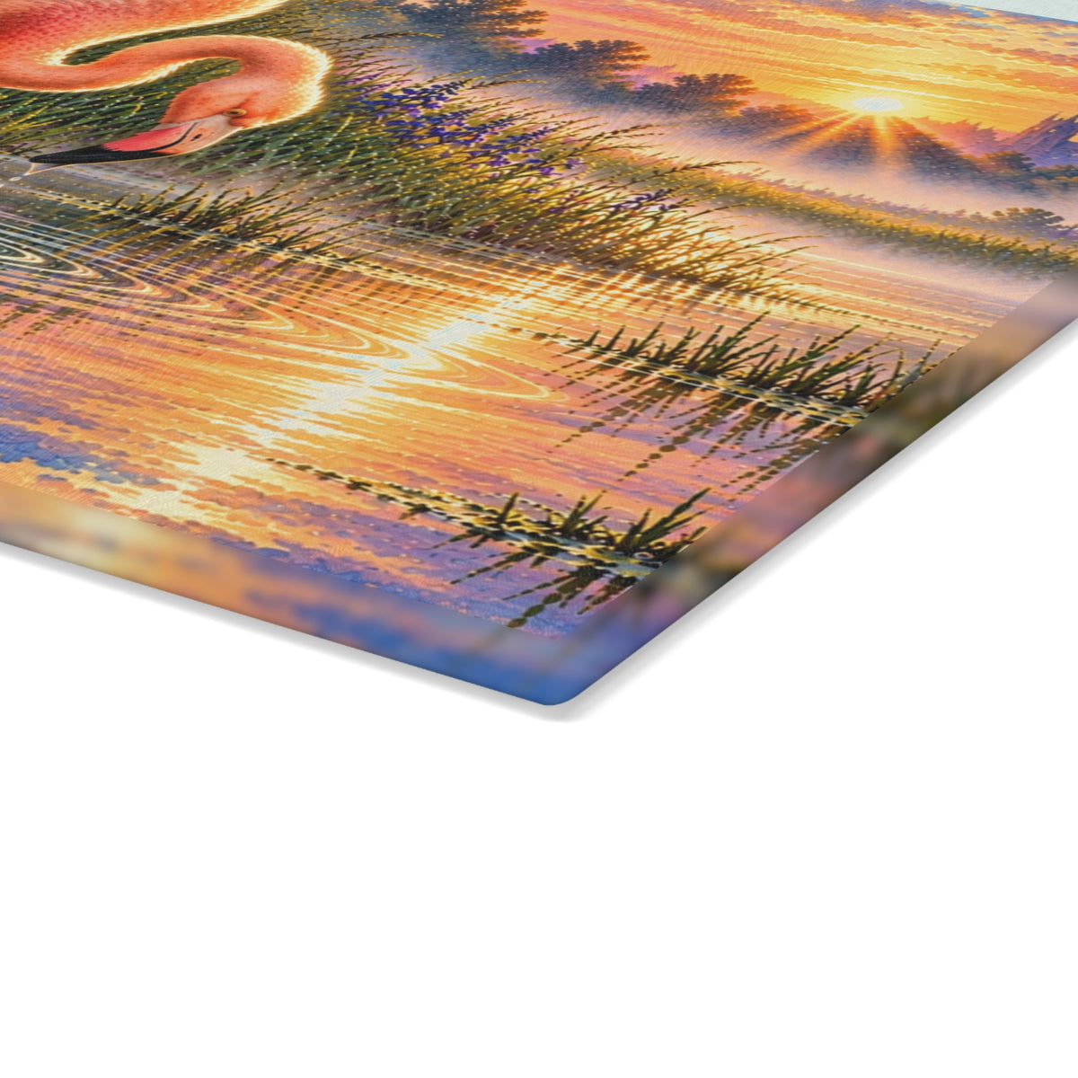 Flamingo & Baby at Sunset – Tempered Glass Cutting Board
