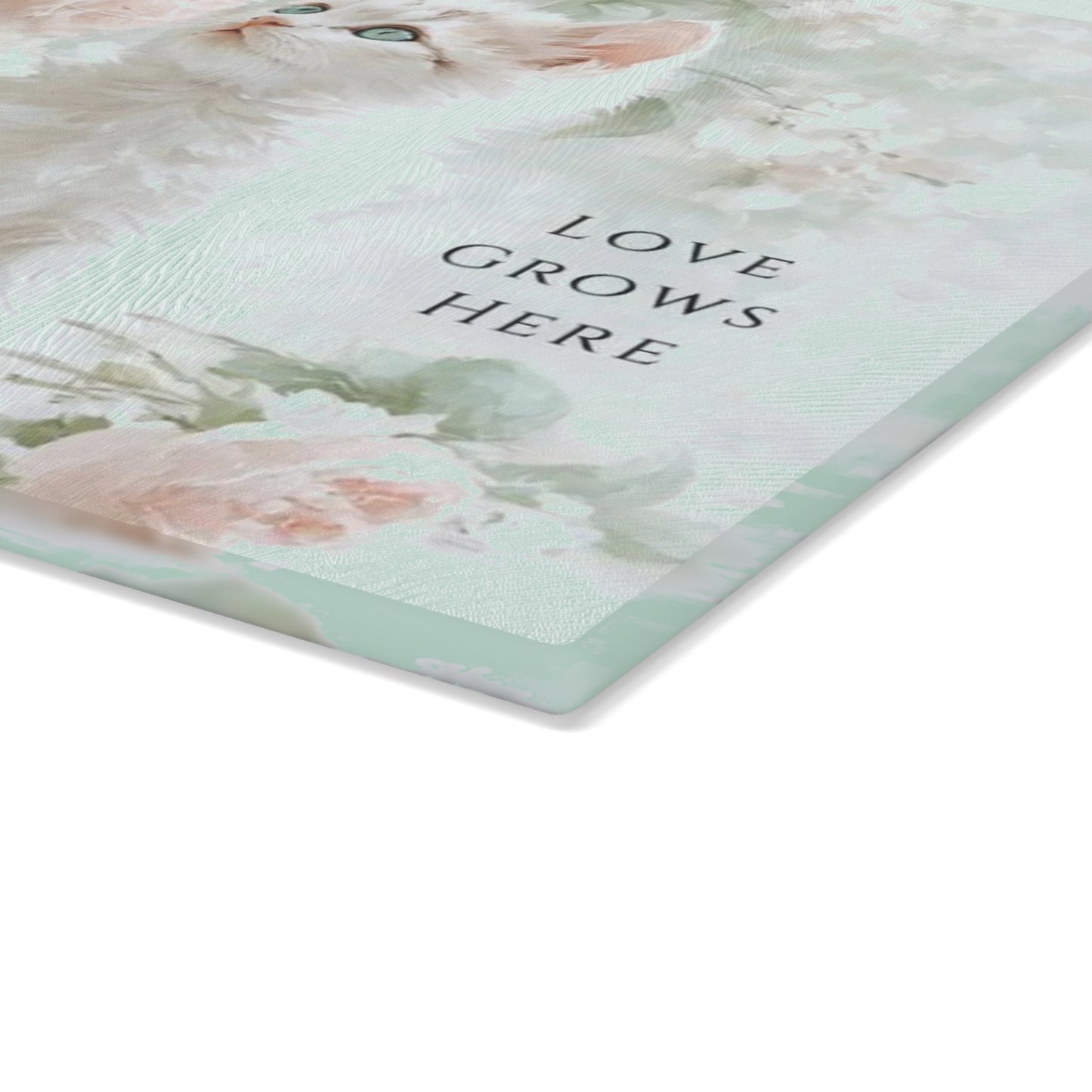 🐱🌸 “Love Grows Here” Glass Cutting Board – Soft Cottage Floral Charm