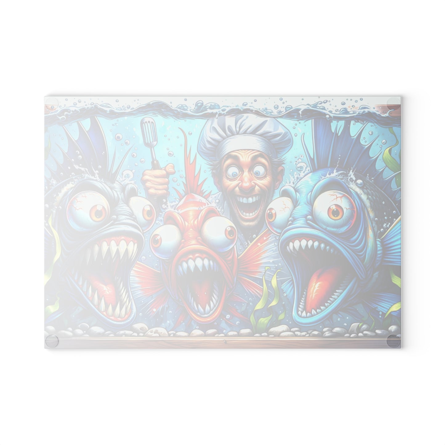 🐟👨‍🍳 “Kitchen Chaos: Fish & Chef” Glass Cutting Board – Cozy Charm for Your Kitchen