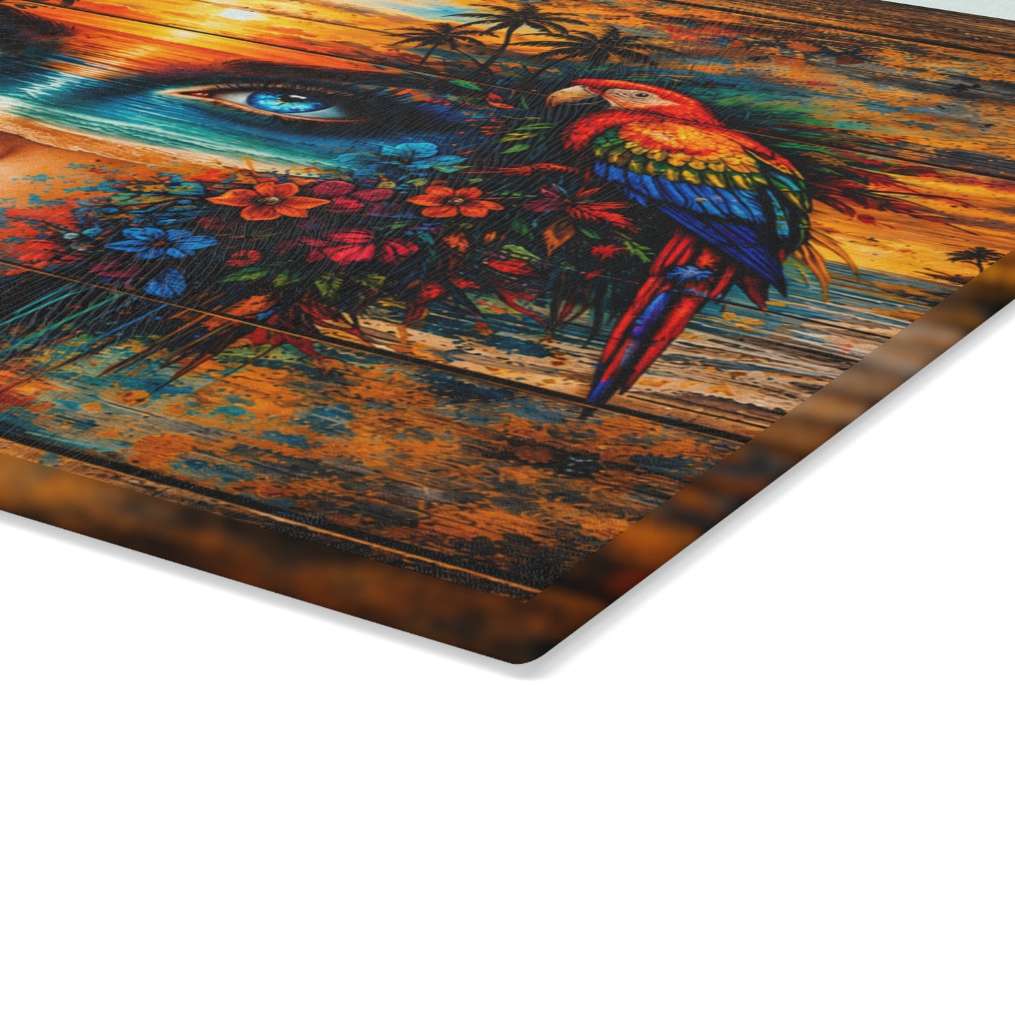 Surreal Coastal Muse Glass Cutting Board – Stained-Glass-Inspired Tropical Art Kitchen Decor