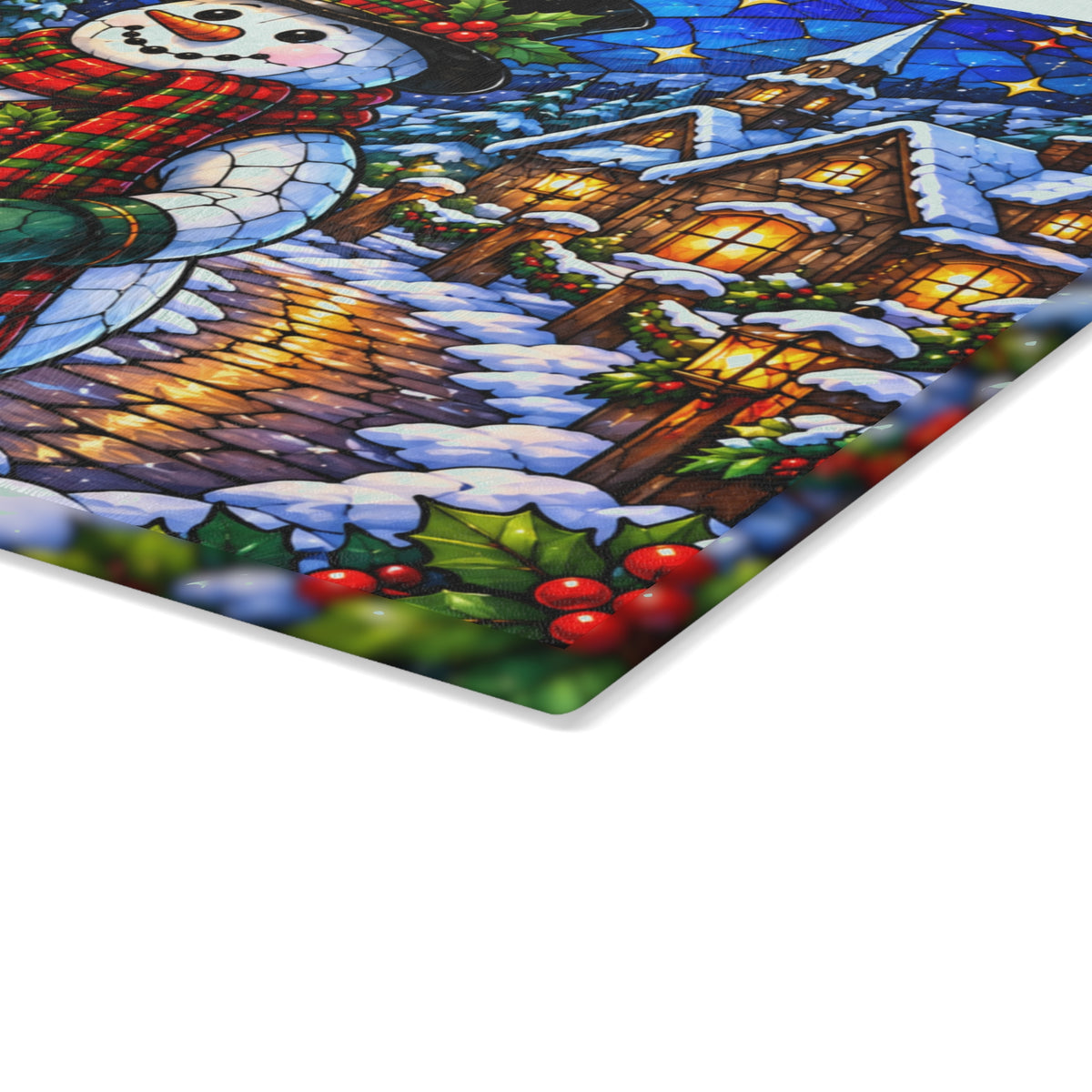 Snowman Christmas Village Stained-Glass-Look Glass Cutting Board – Winter Holiday Kitchen Decor