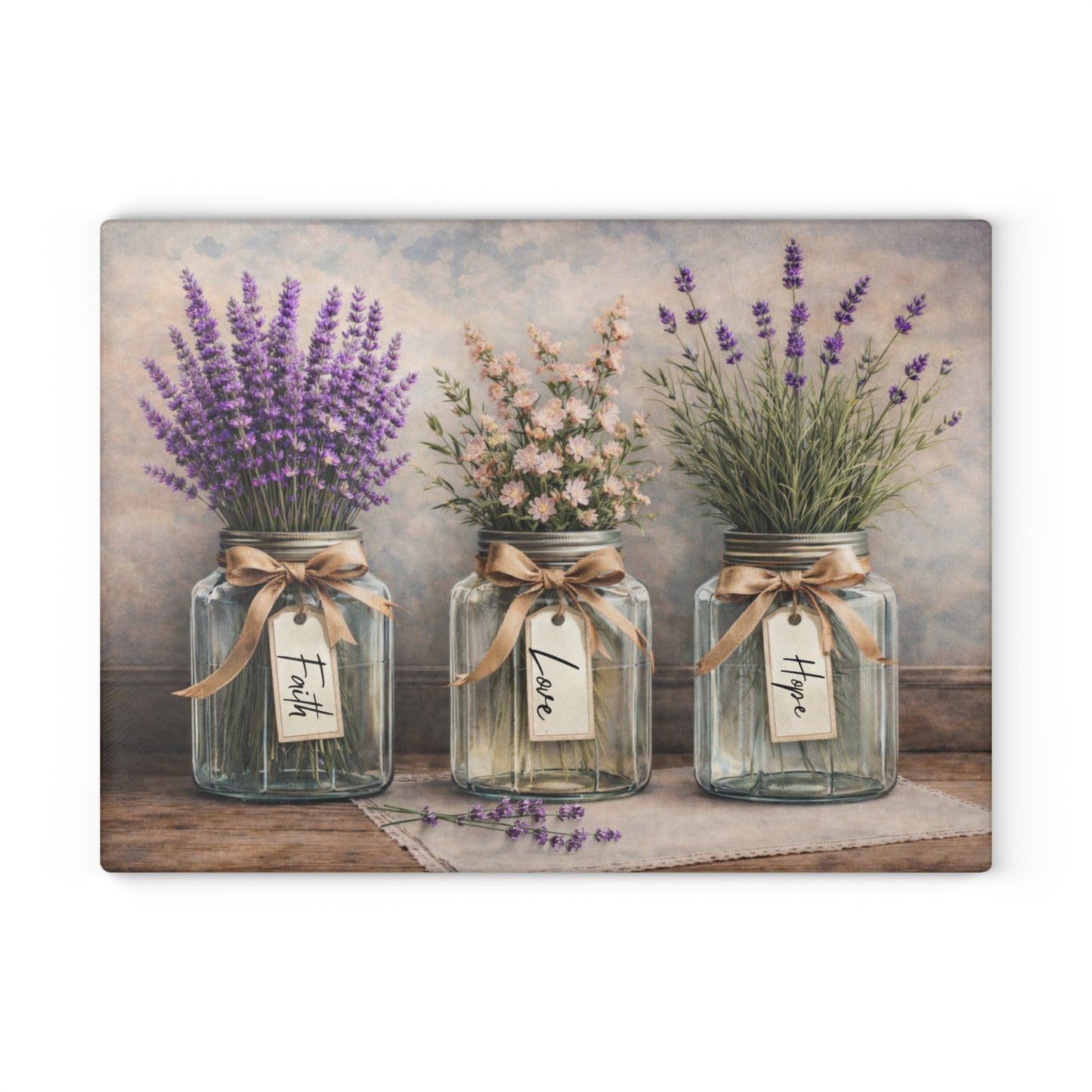 Faith Love Hope Glass Cutting Board – Rustic Mason Jar Florals with Lavender and Soft Pastels
