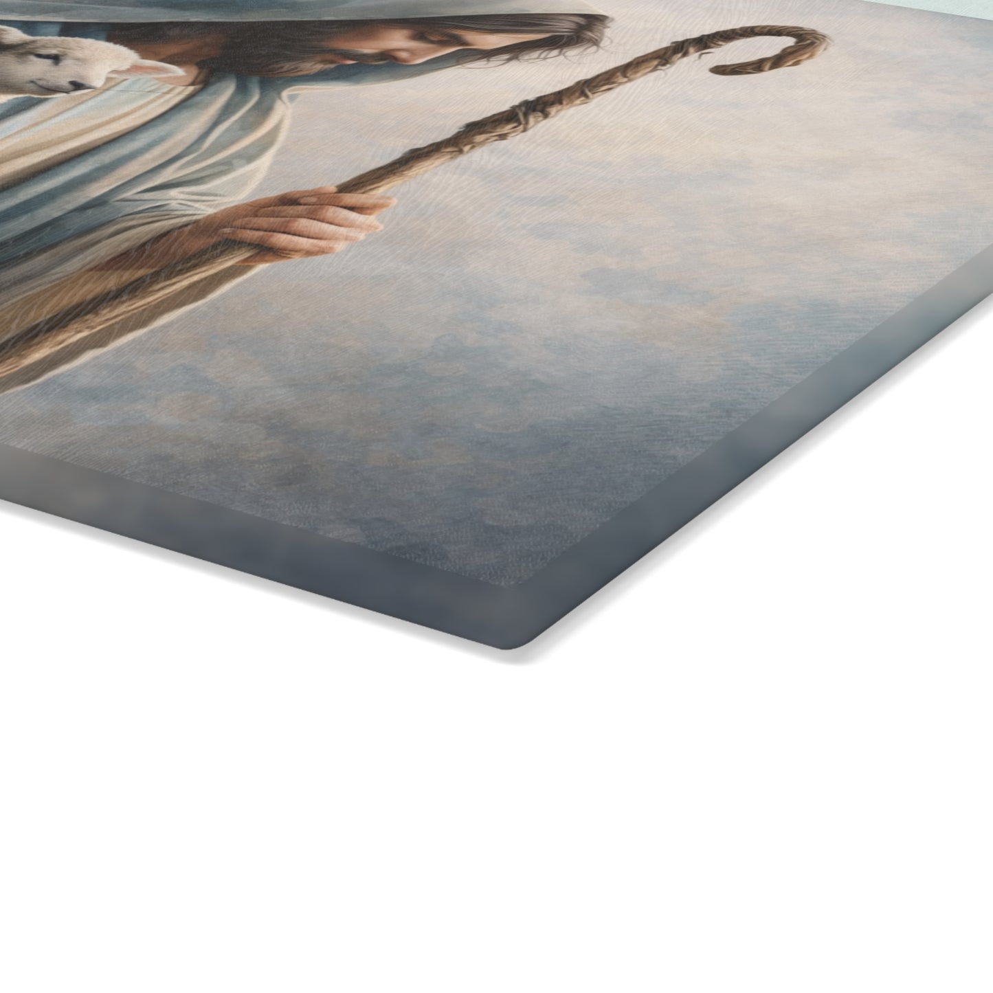The Lord Is My Shepherd Glass Cutting Board – Faith-Inspired Lamb & Shepherd Artwork