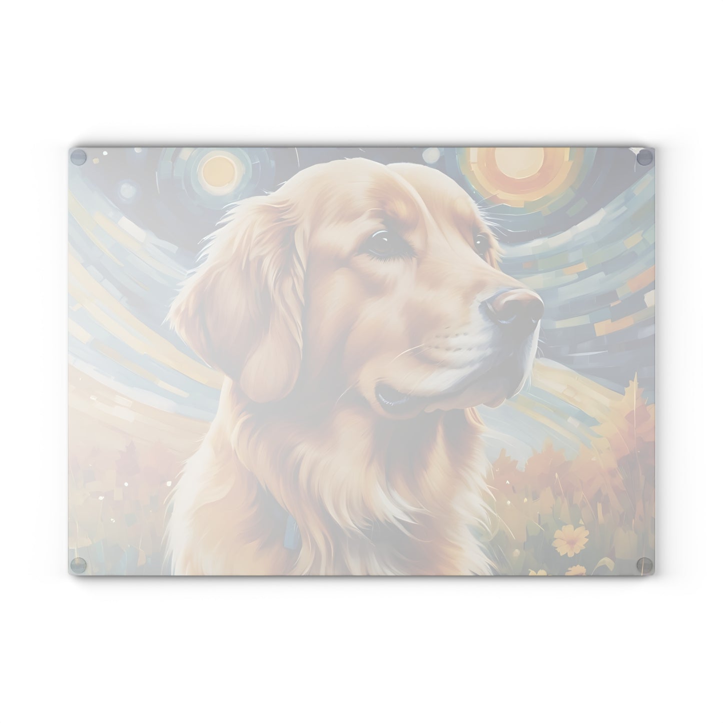 Golden Retriever Glass Cutting Board – Painterly Dog Art Kitchen Display