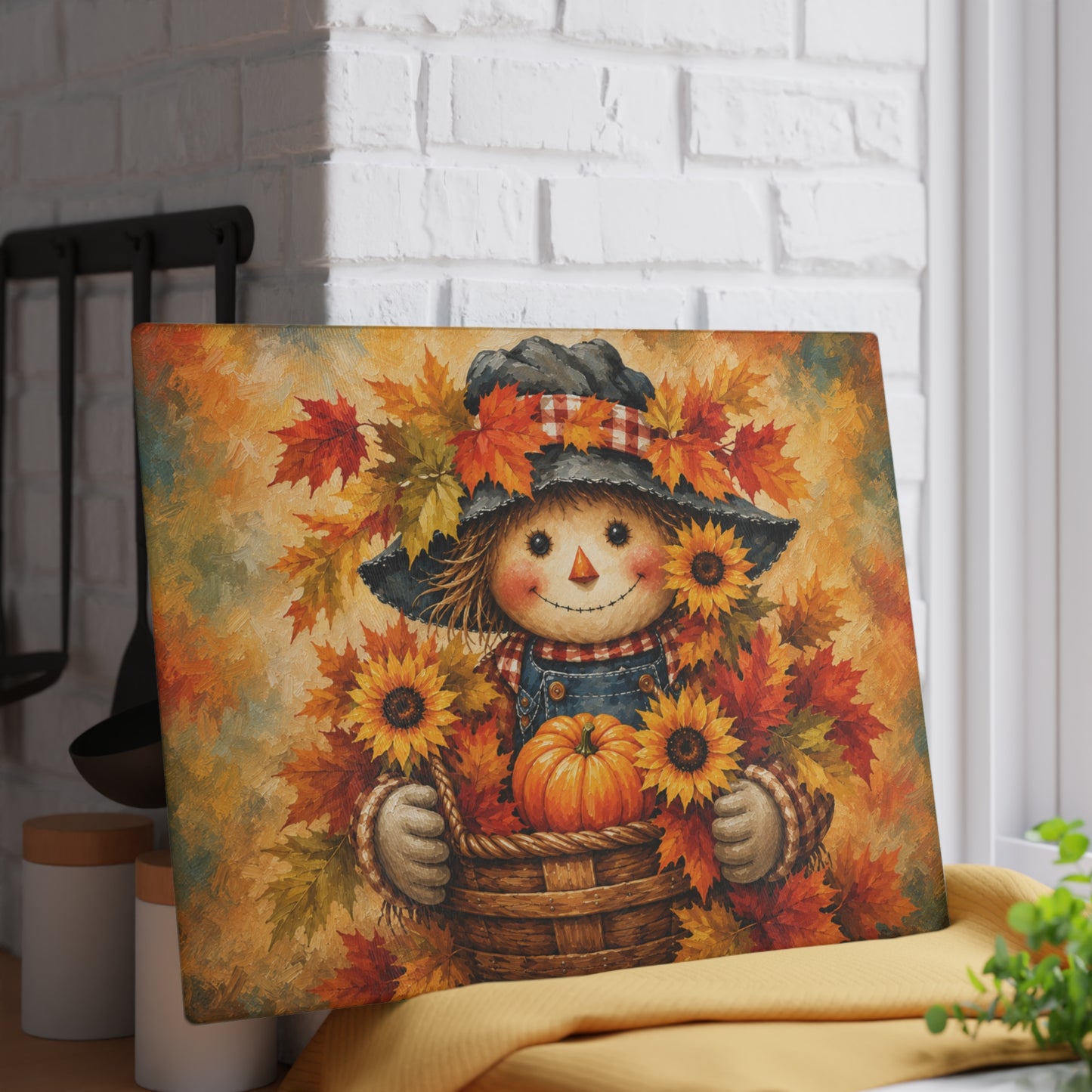 Autumn Scarecrow Glass Cutting Board – Sunflower Pumpkin Fall Kitchen Decor