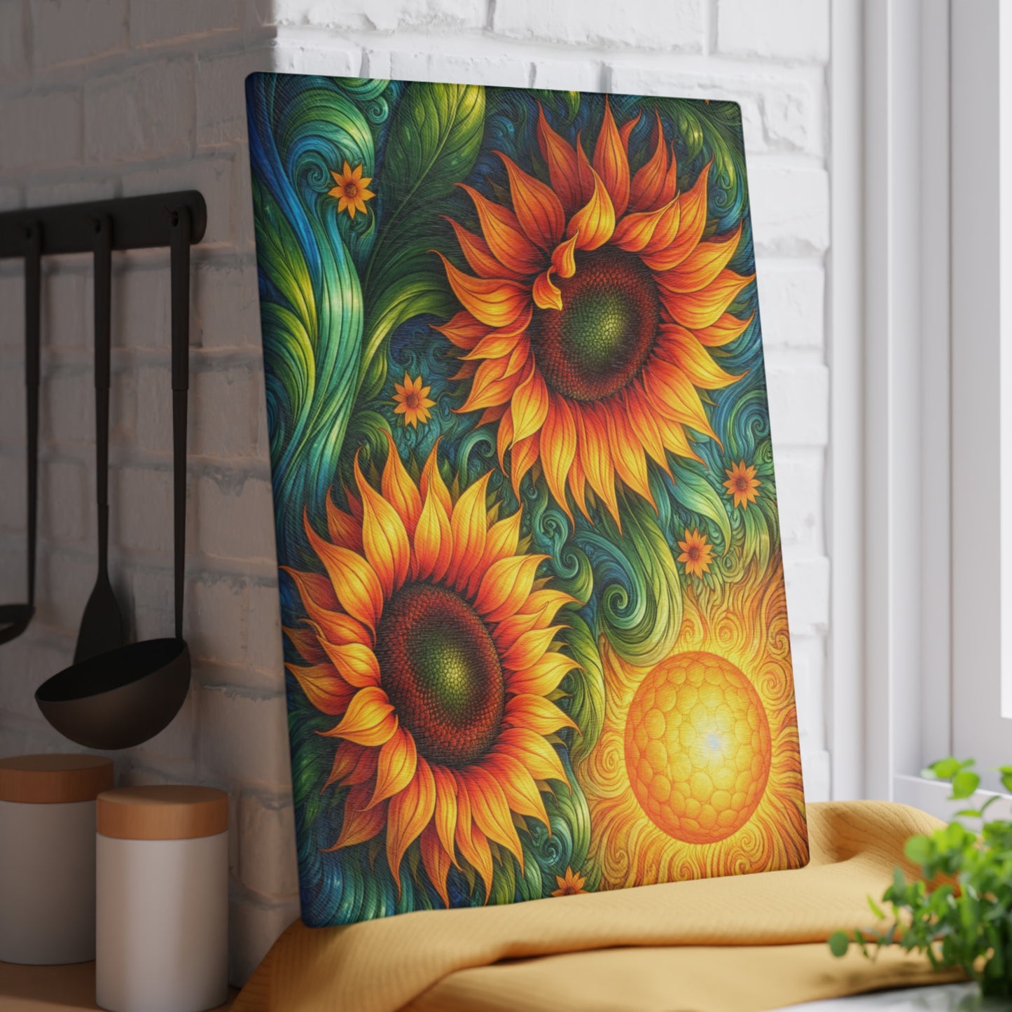 Sunflower Swirl Glass Cutting Board – Vibrant Farmhouse Kitchen Decor