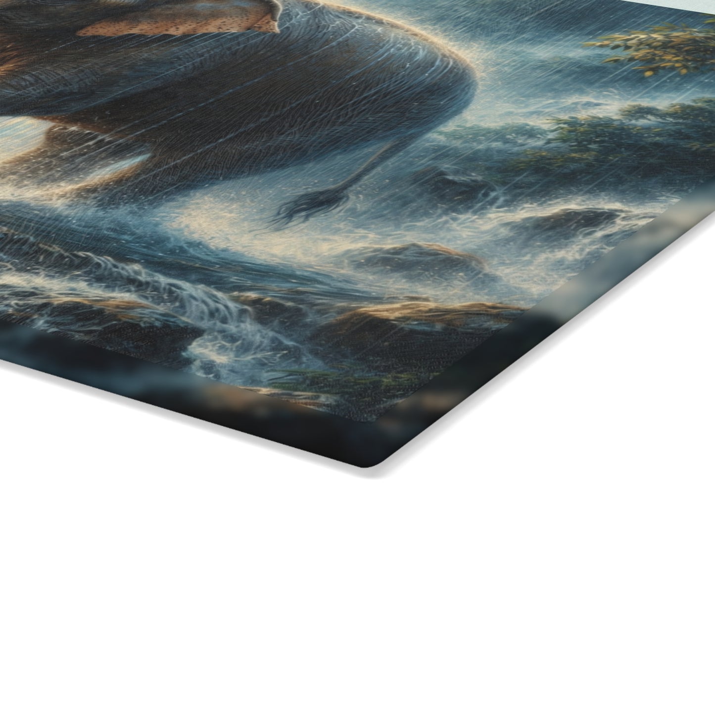 Elephant and Calf Rainforest Waterfall Glass Cutting Board – Dramatic Wildlife Kitchen Art