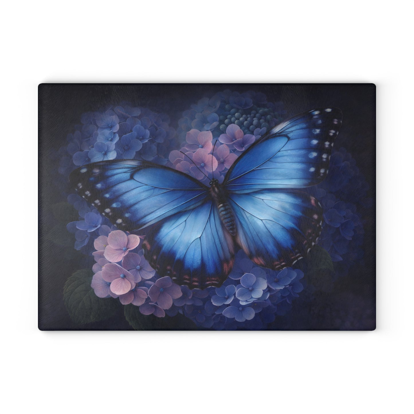 Blue Butterfly & Hydrangea Glass Cutting Board – Elegant Floral Butterfly Kitchen Art