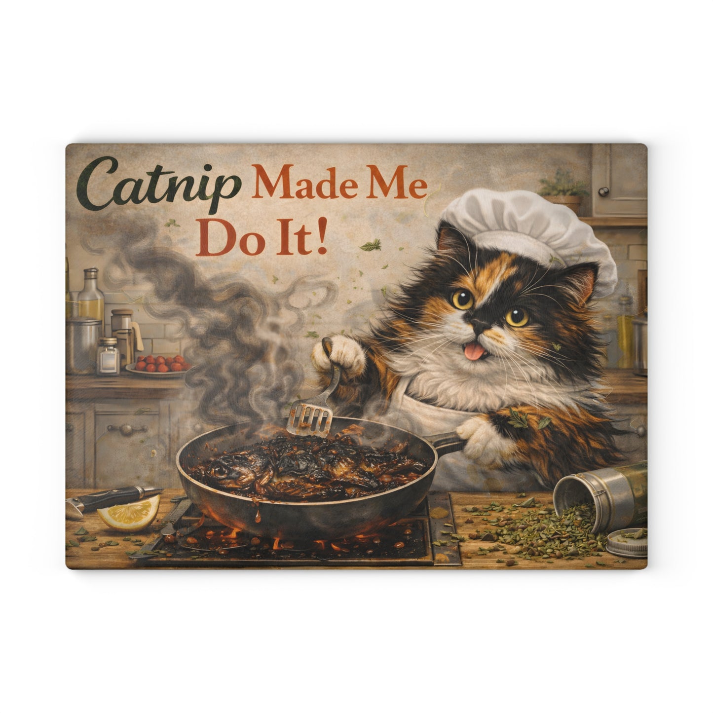 Catnip Made Me Do It Glass Cutting Board – Funny Cat Kitchen Art