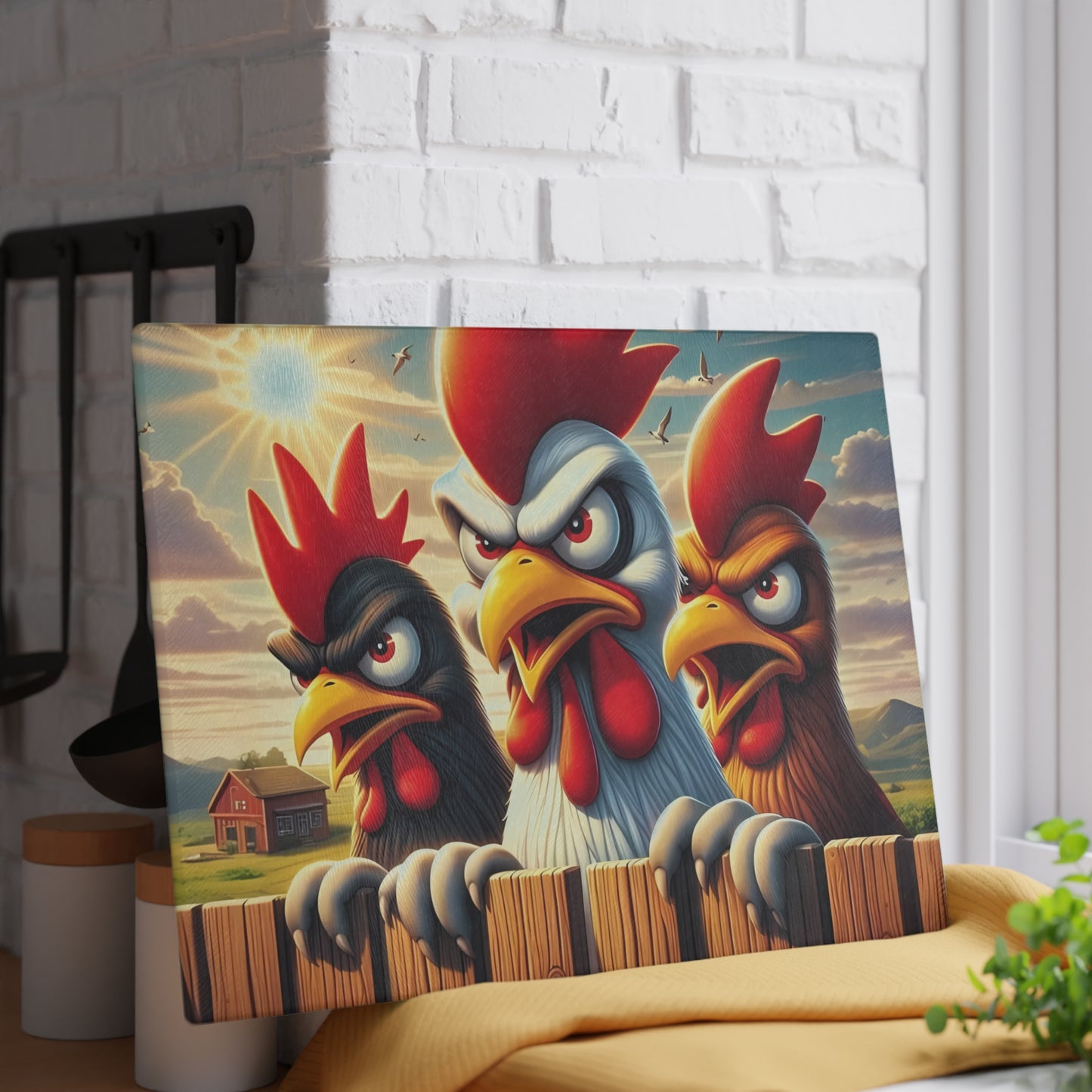 🐔 Three Angry Chickens Glass Cutting Board – Funny Farmhouse Kitchen Decor