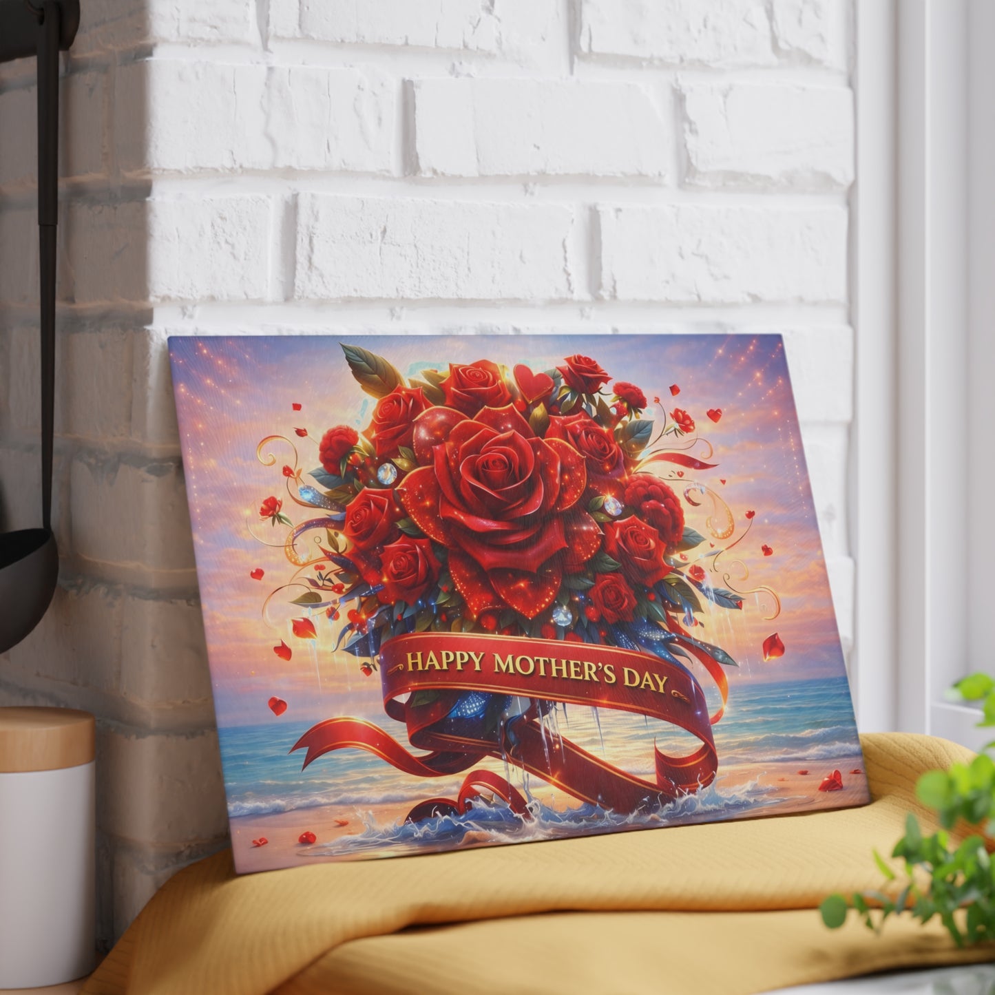 Happy Mothers Day Beach-Themed Glass Cutting Board – "Happy Mother’s Day" Ribbon with Roses, Glass cutting board, beach decor, coastal kitchen, Charcuterie Board, Custom cutting board, Flowers