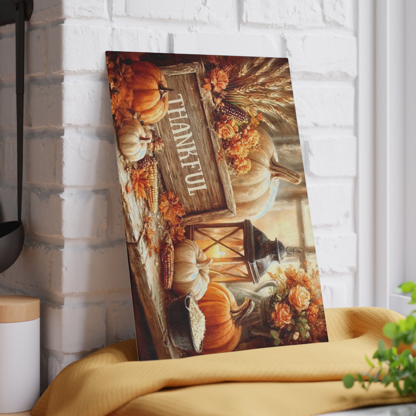 🎃🕯️ “Thankful Autumn Vignette” Glass Cutting Board – Cozy Charm for Your Kitchen