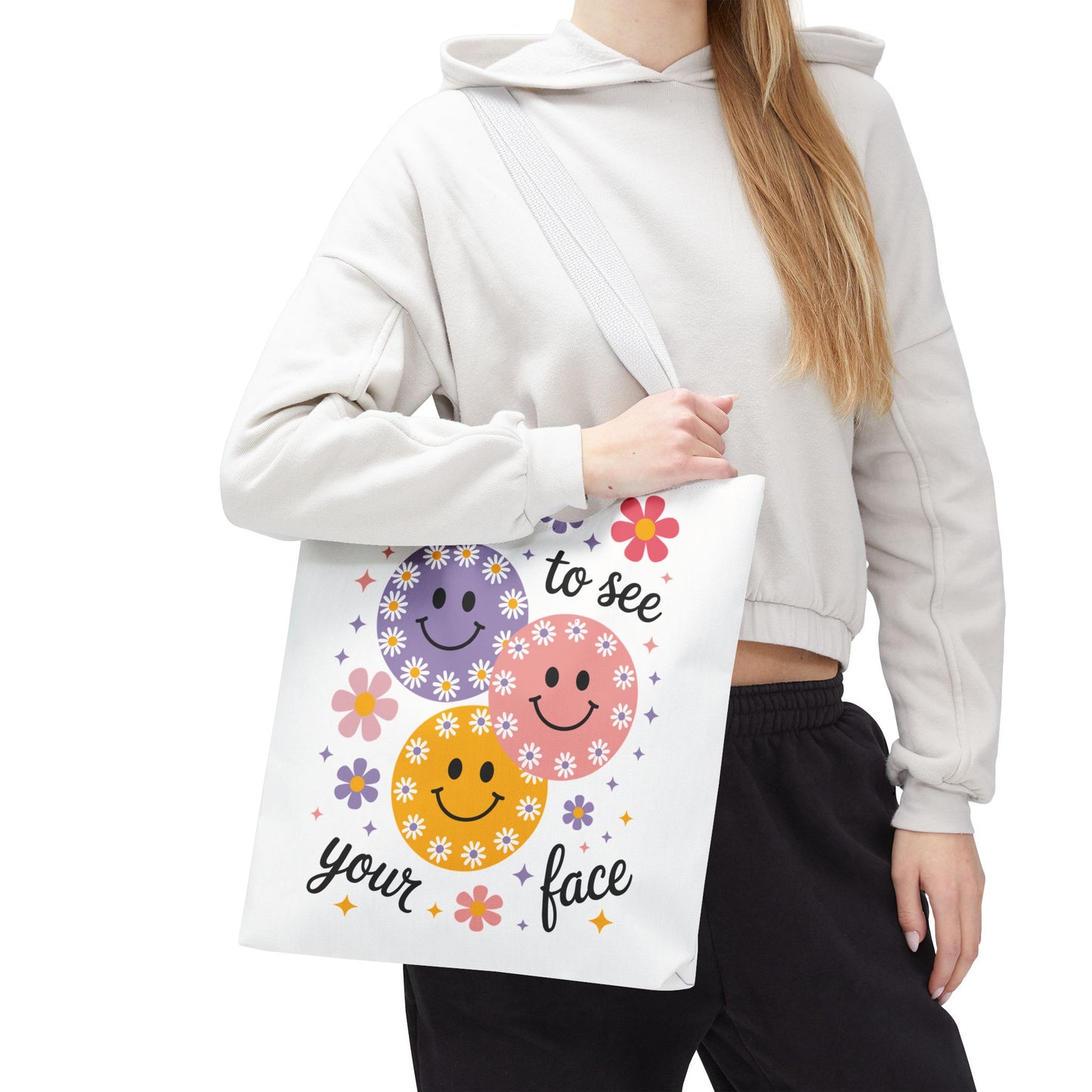 🌼 Happy Face Daisy Tote Bag – Retro Smiles with Floral Charm 🌸