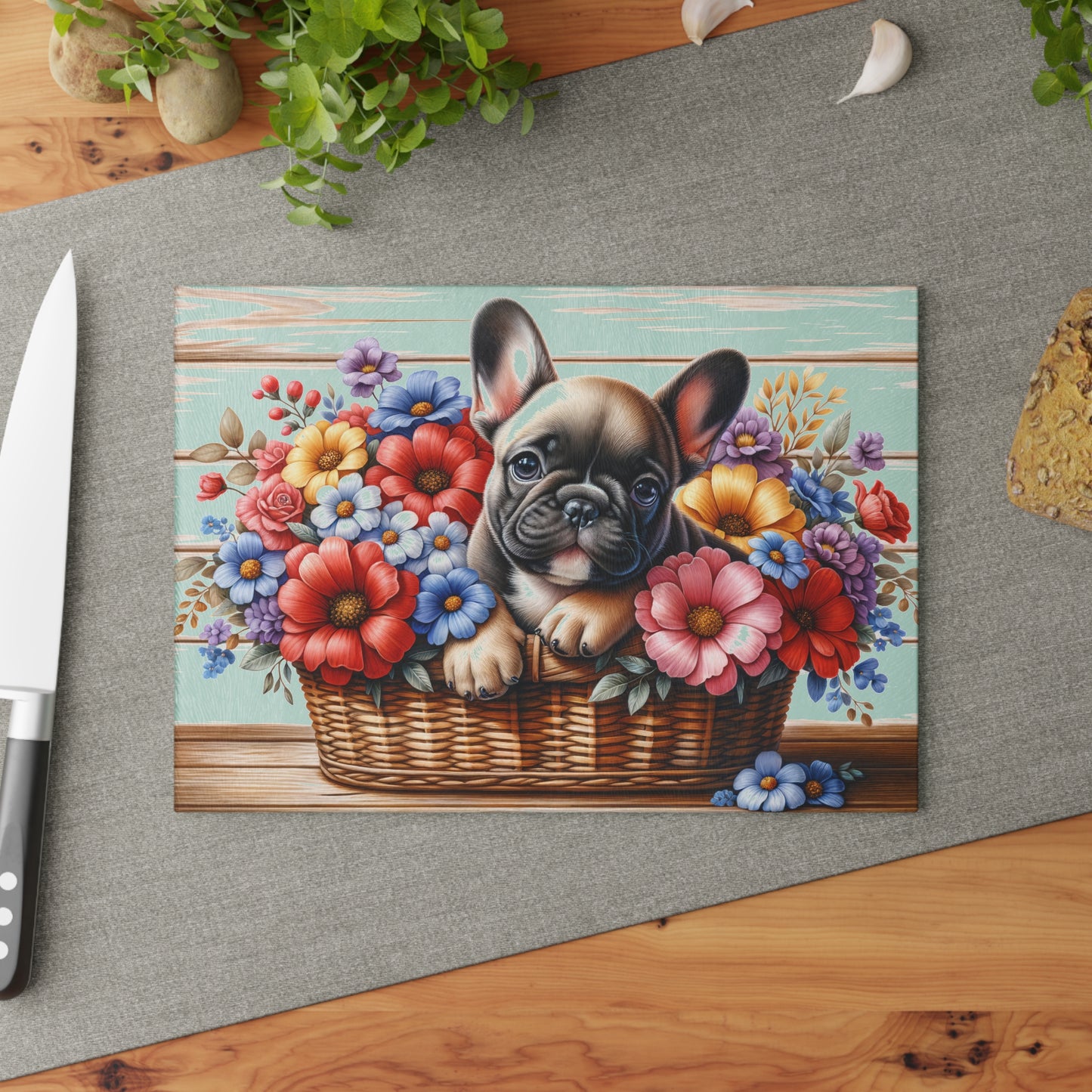 🐶🌸 French Bulldog in Basket Cutting Board – Adorable Elegance for Your Kitchen 🌼