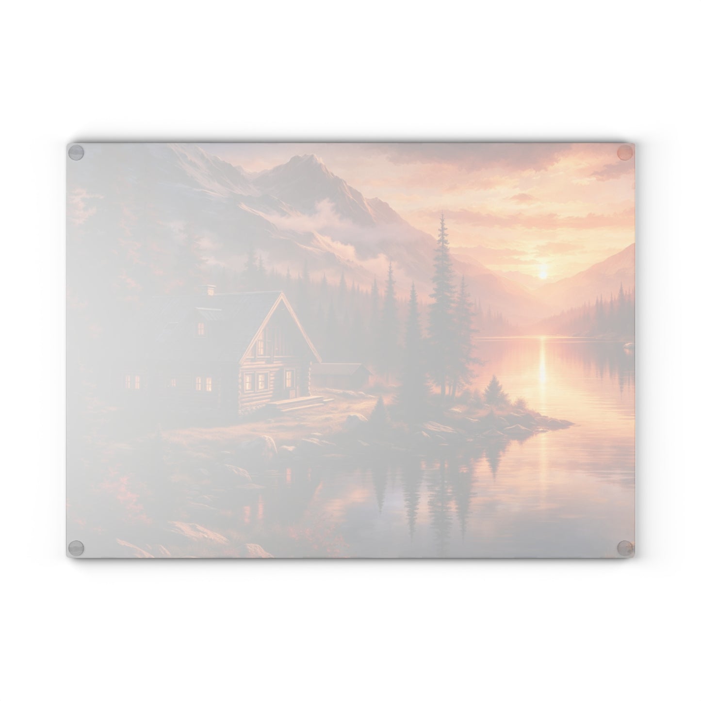 Mountain Cabin Sunset Glass Cutting Board – Rustic Lake Lodge Kitchen Art