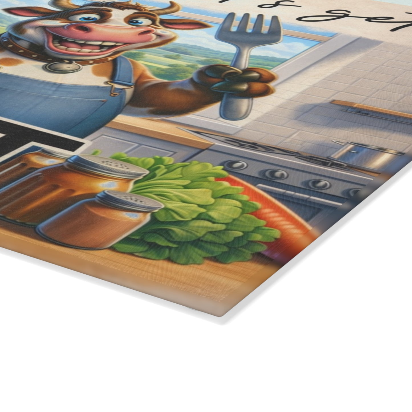 Fork It! Takeout Glass Cutting Board – Playful Cow Kitchen Art with Farmhouse Humor