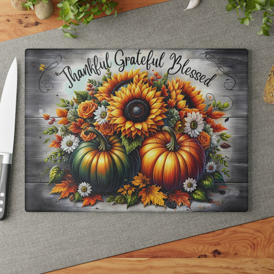 🌻🎃 Thankful Grateful Blessed Cutting Board – Autumn Sunflowers & Pumpkins for Seasonal Charm 🍁✨
