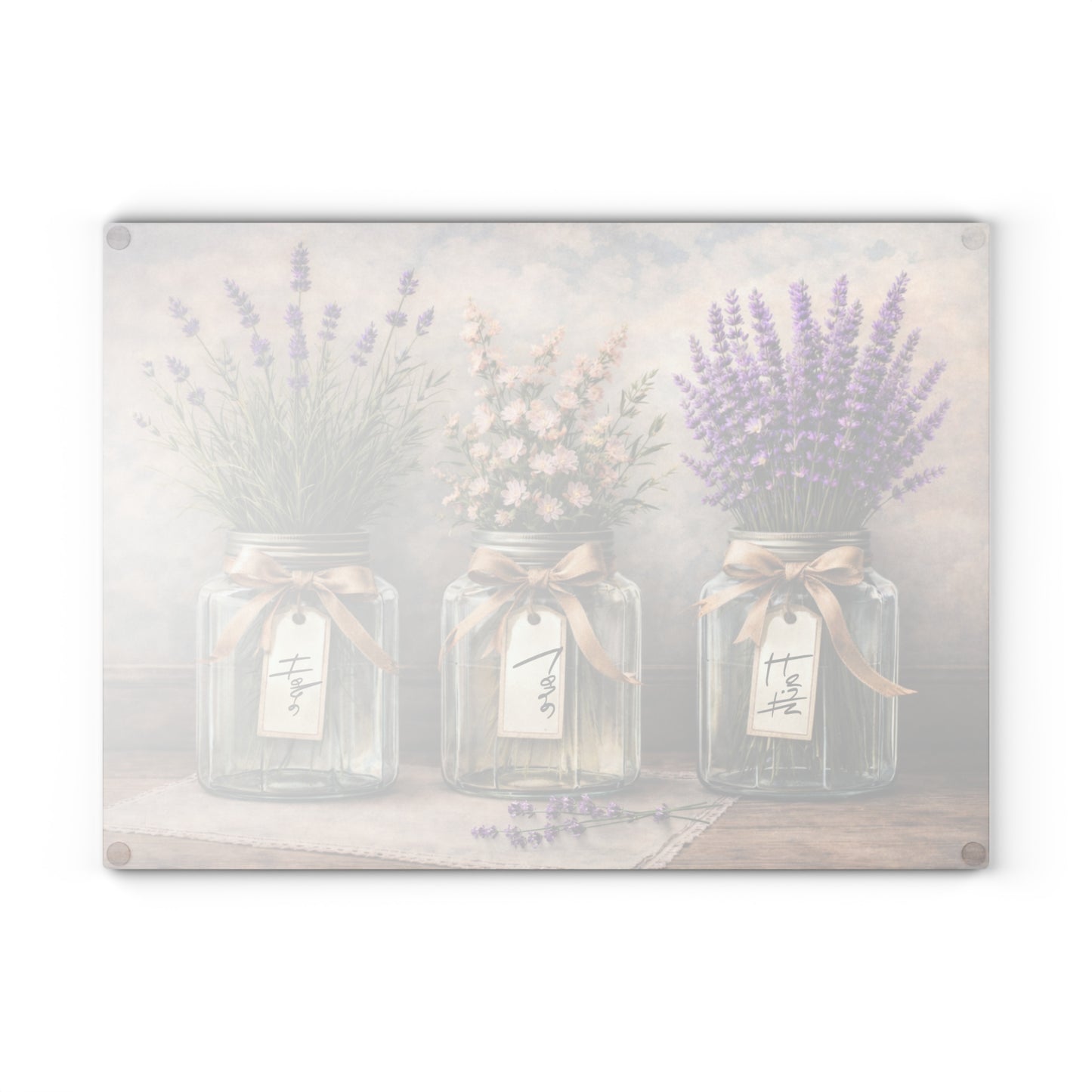 Faith Love Hope Glass Cutting Board – Rustic Mason Jar Florals with Lavender and Soft Pastels