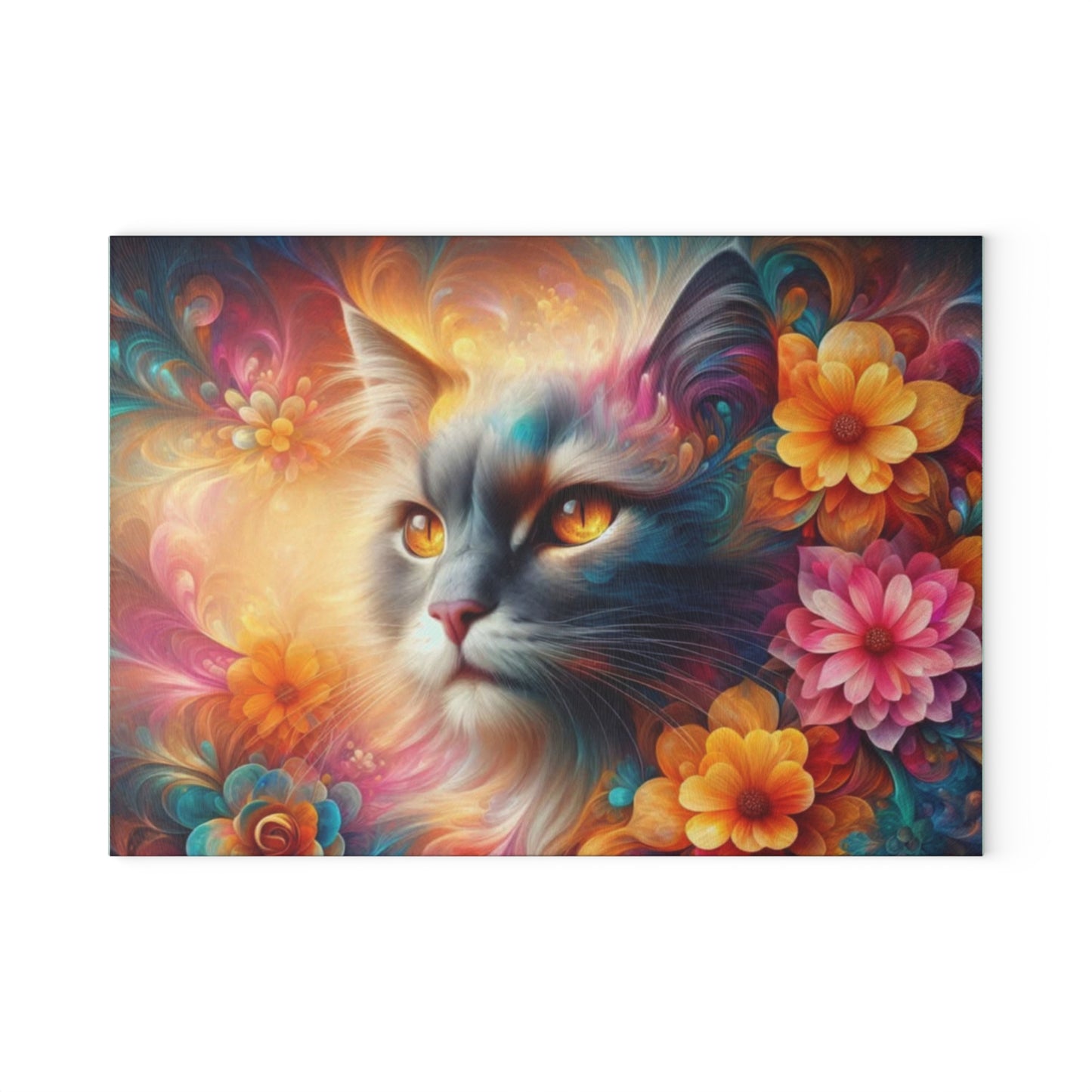 Tabla de cortar con diseño de gato colorido y flores: un encanto caprichoso para los amantes de los gatos