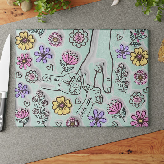 Tabla de cortar de vidrio templado personalizada con manos de madre | Arte floral 3D | Nombres personalizados para niños | Regalo para el Día de la Madre