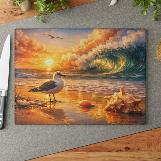 Golden Coastal Wave Glass Cutting Board – Ocean Sunset Seagull Beach Kitchen Art