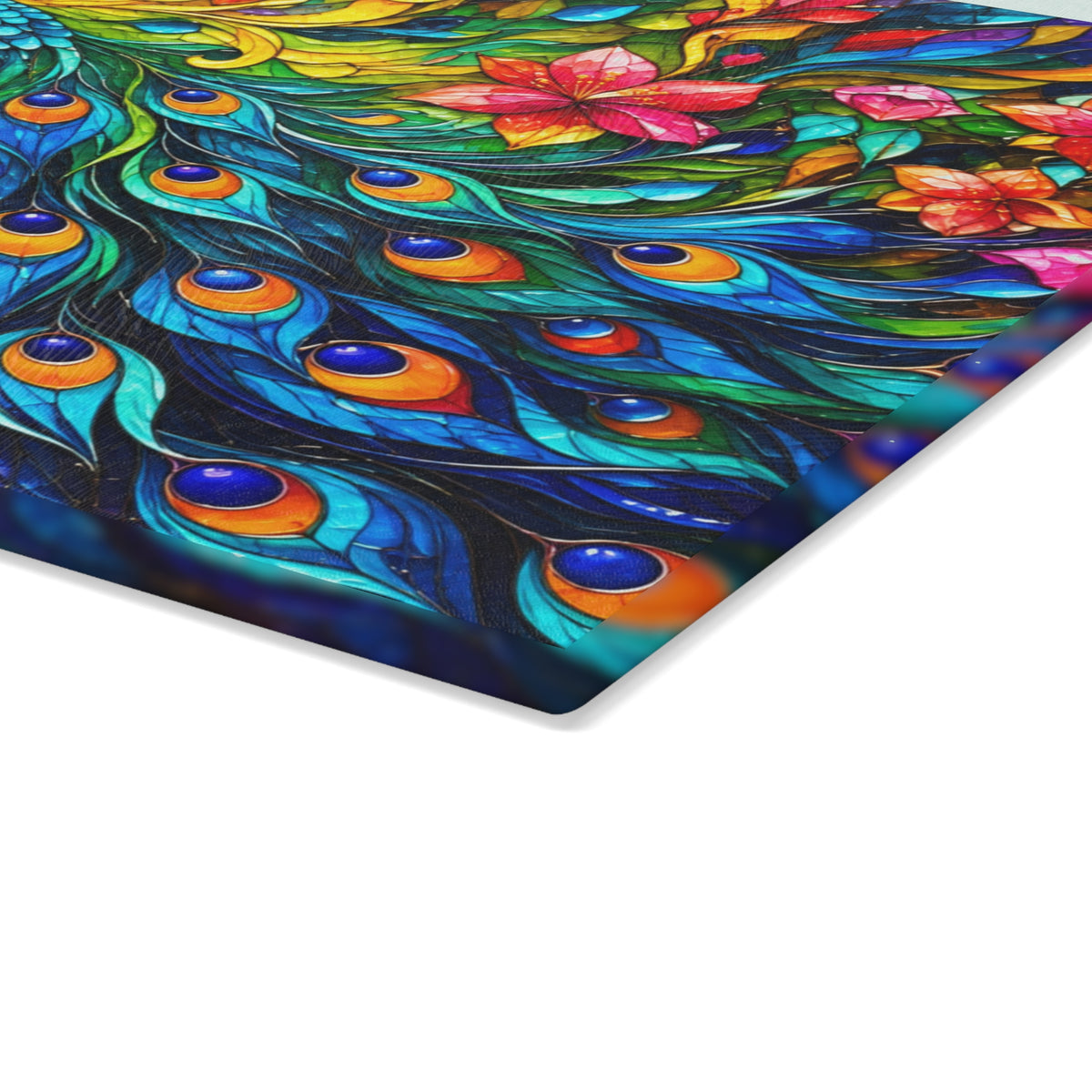 Colorful Peacock Stained-Glass-Inspired Cutting Board – Vibrant Peacock Feathers, Tropical Flowers & Elegant Kitchen Décor
