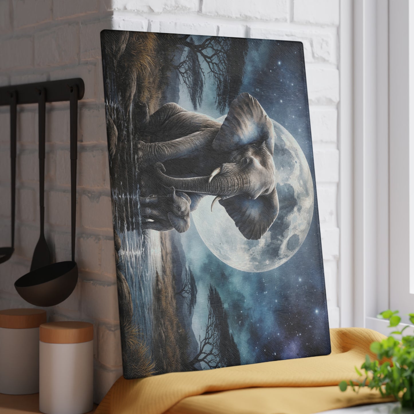 Moonlit Elephant and Calf Glass Cutting Board – Mystical Night Safari Wildlife Art