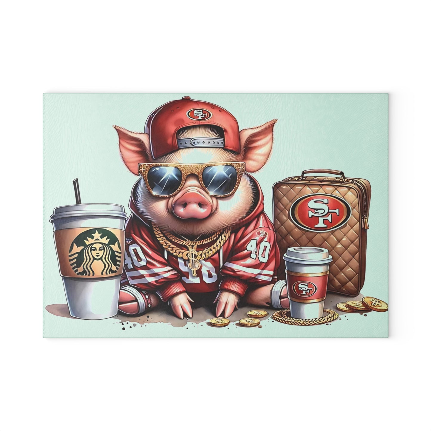 Tabla de cortar de vidrio Red Jersey Glam Pig: arte animal de lujo para una decoración de cocina audaz
