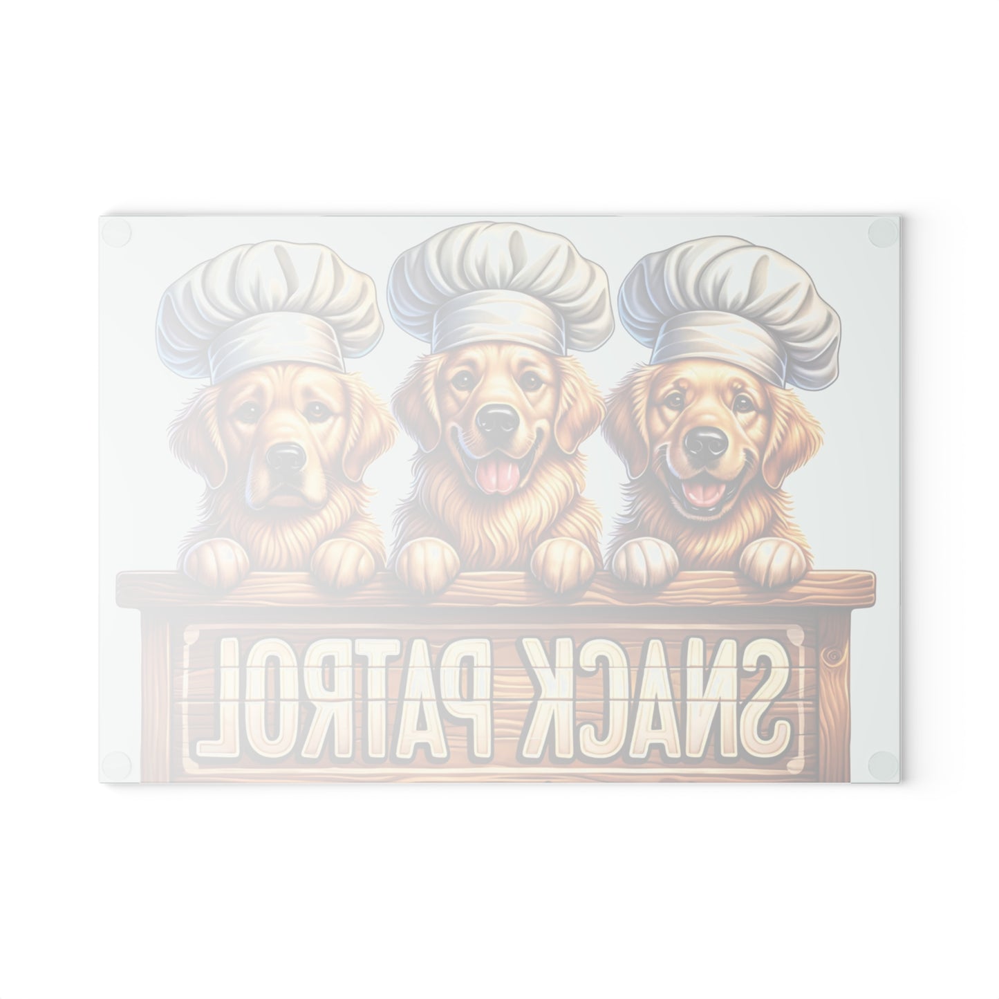 🐶🍪 “Snack Patrol” Glass Cutting Board – Golden Retrievers on Duty