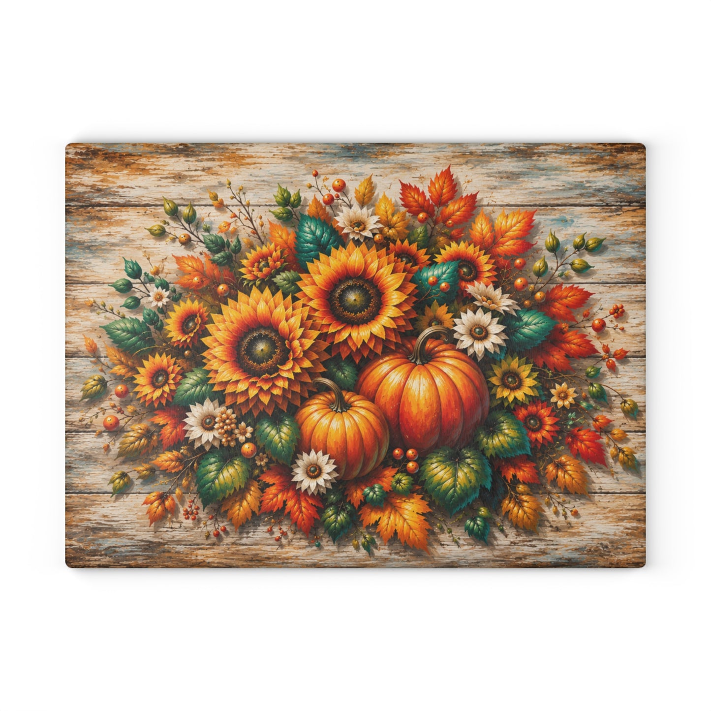 Autumn Sunflower & Pumpkin Glass Cutting Board – Rustic Fall Harvest Kitchen Decor