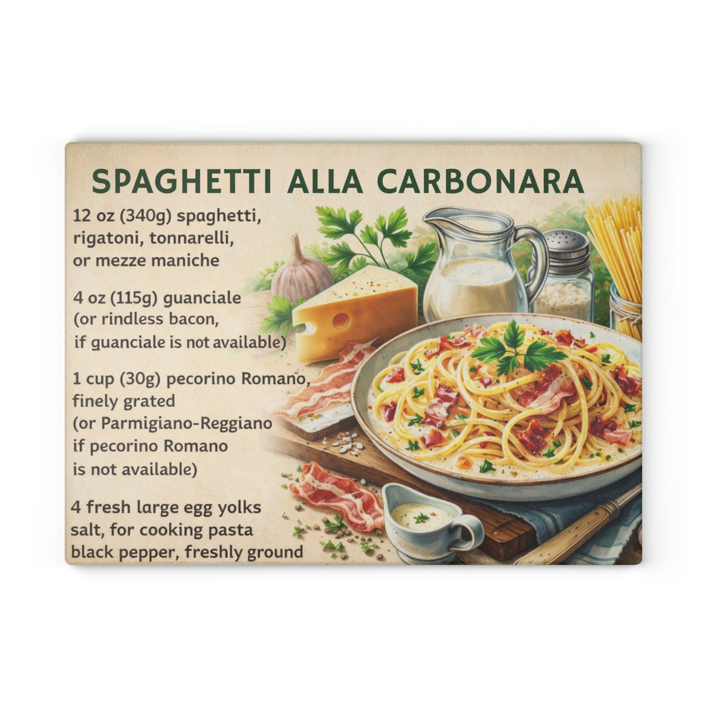 Spaghetti alla Carbonara Recipe Glass Cutting Board – Classic Italian Kitchen Artwork