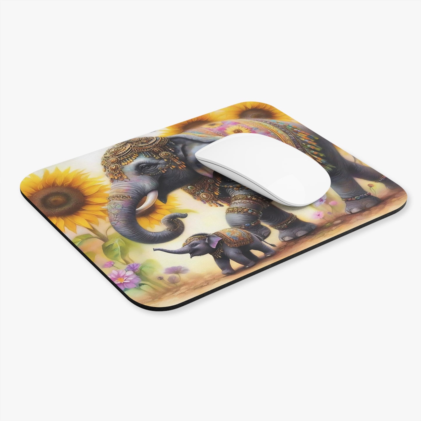 🖱️🐘 Elephant & Sunflowers Mouse Pad – Boho Jungle Charm for Your Desk