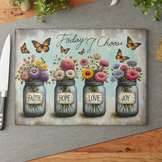 🌼 Hoy elijo – Tabla de cortar de fe, esperanza, amor y alegría – Decoración floral inspiradora para la cocina