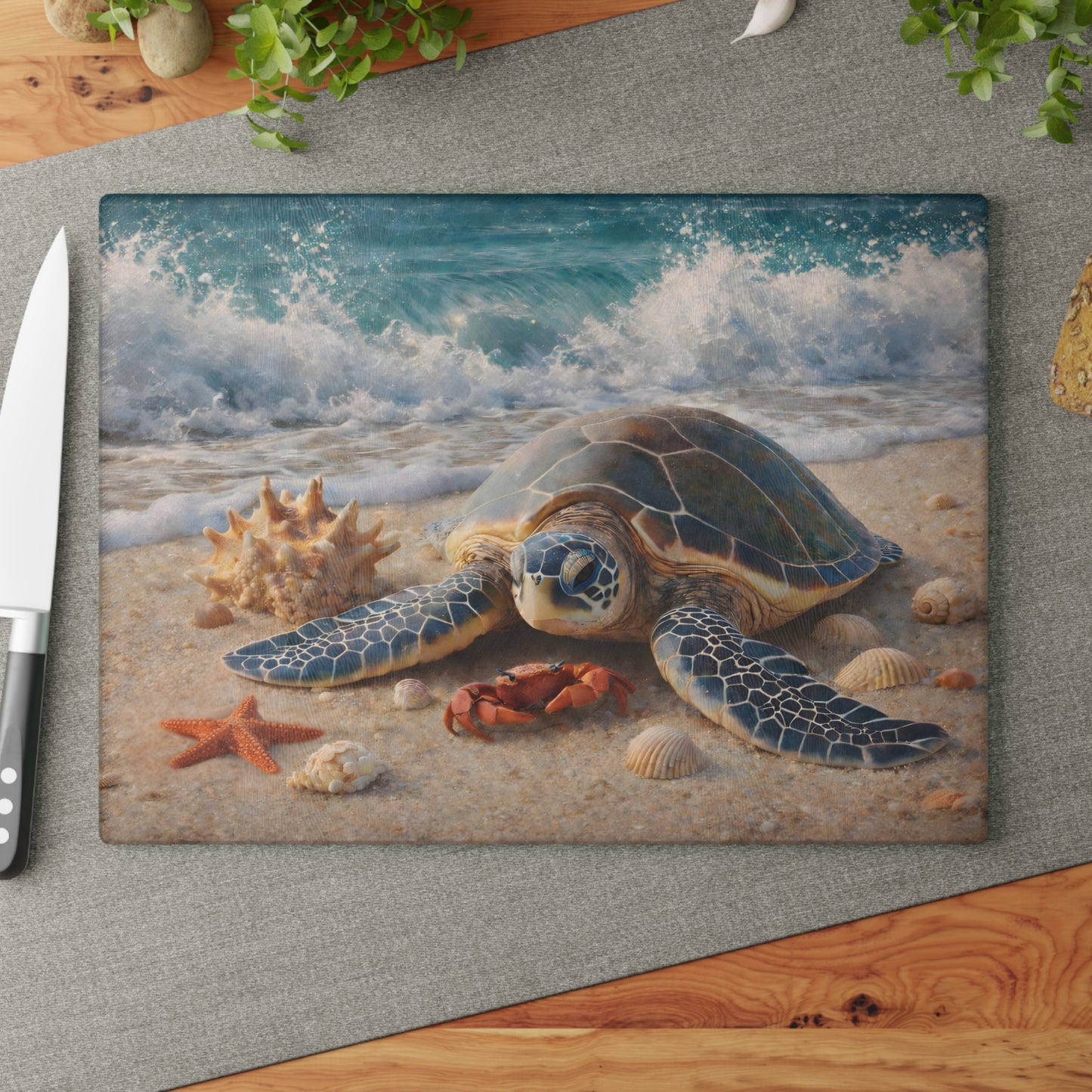 Sea Turtle Shoreline Glass Cutting Board – Coastal Beach Scene with Gentle Ocean Waves