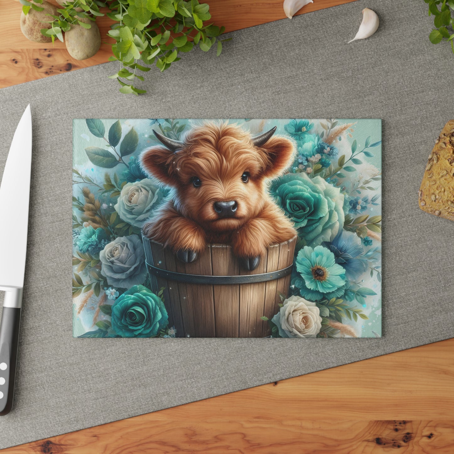 🐮 Highland Calf in a Bucket Cutting Board – Rustic Charm Meets Floral Elegance 🌿