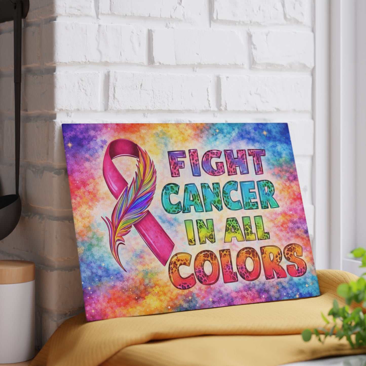Fight Cancer in All Colors Glass Cutting Board – Rainbow Awareness Ribbon Strength Design